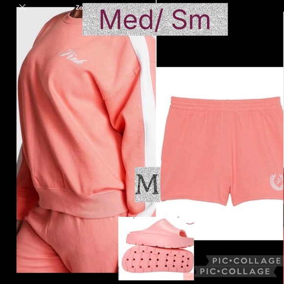 PINK Victoria’s Secret campus pullover CLASSIC SHORTS SLIDES CORAL SCRIPT CREST - Picture 1 of 9
